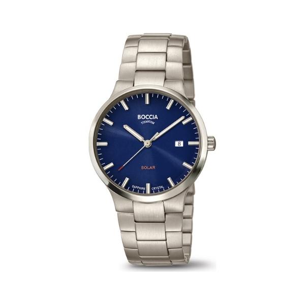 Boccia men's solar analogue watch with blue dial in silver titanium