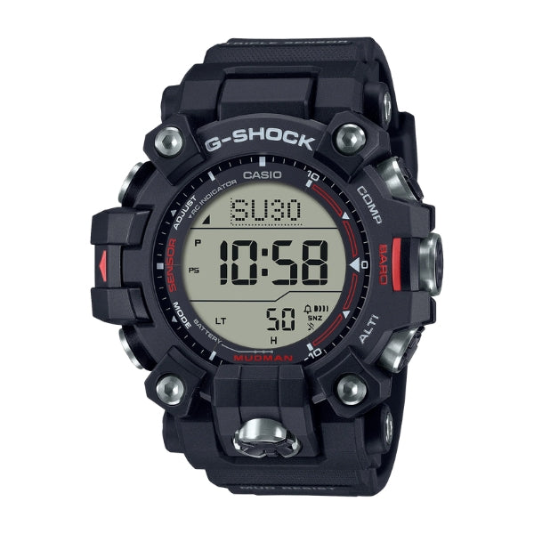 Casio men's G-Shock solar digital terrain master watch with triple sensor in black and red