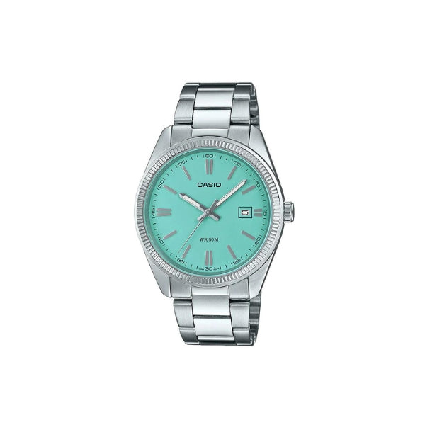 Casio men's quartz analogue dress watch in silver and blue