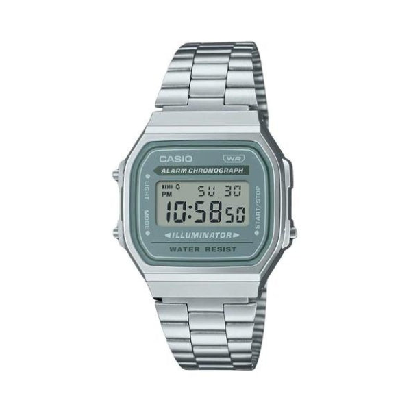 Casio men's digital quartz watch with blue/green face in stainless steel