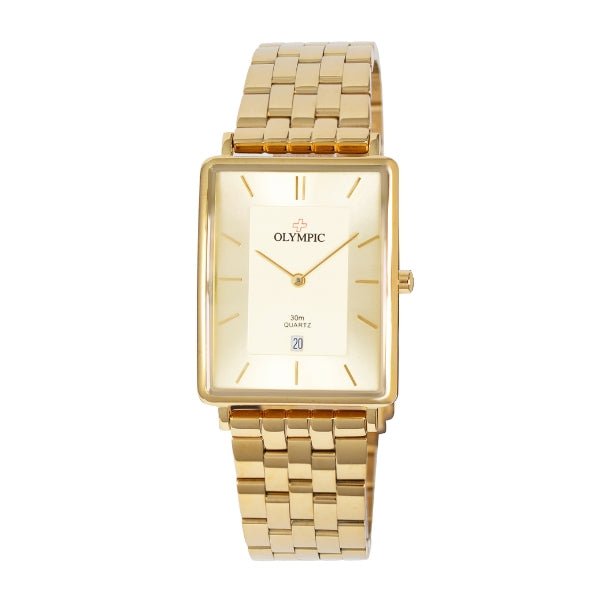 Olympic men's rectangle dial quartz analogue dress watch in gold tone
