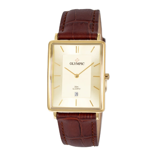 Olympic men's rectangle dial analogue quartz watch in gold tone with brown leather strap