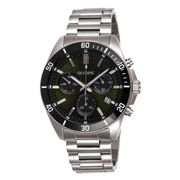 Olympic men's chronograph quartz watch with green dial in stainless steel