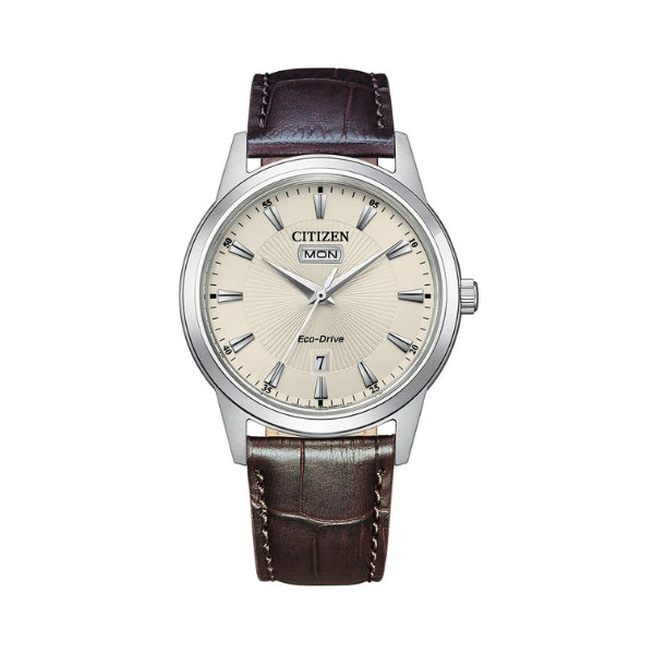 Citizen men's eco-drive solar analogue watch with day & date on brown leather strap