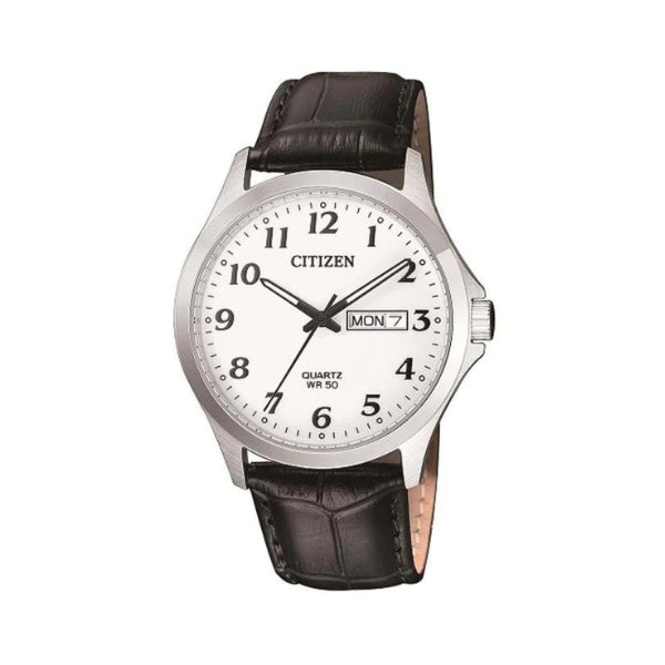 Citizen men's quartz analogue watch with day & date in stainless steel with black leather strap