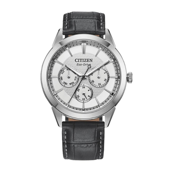 Citizen men's vintage inspired ecodrive solar powered analogue watch in steel with grey leather strap