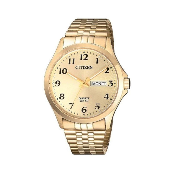 Citizen men's quartz analogue watch with expander strap in gold tone with day & date