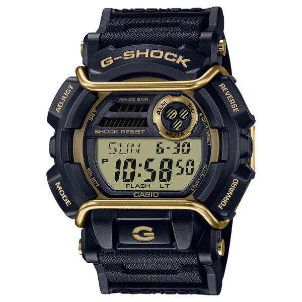 Casio men s digital G Shock watch in black and gold with protector bar Showcase Jewellers Te Awamutu