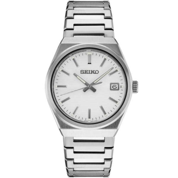 Seiko gents classic stainless steel quartz analogue watch with sapphire crystal glass and date