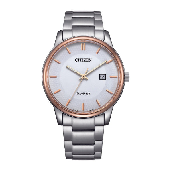 Citizen men's eco-drive solar powered analogue watch with date in stainless steel and rose gold