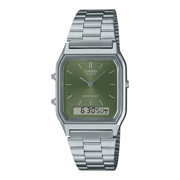 Casio men's quartz analogue digital watch with green dial in steel