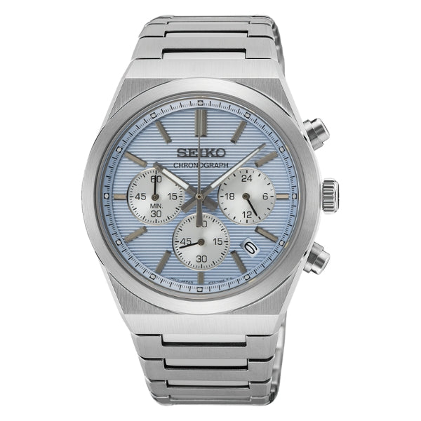 Seiko men's chronograph quartz watch in silver and blue