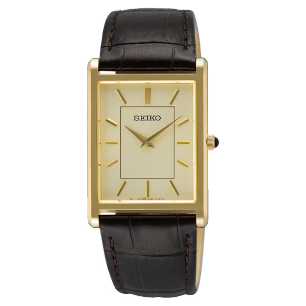 Seiko men's rectangular quartz watch in gold tone with brown leather strap