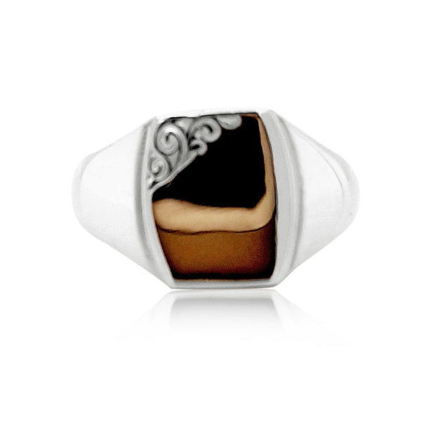 Men's signet ring with scroll pattern in sterling silver