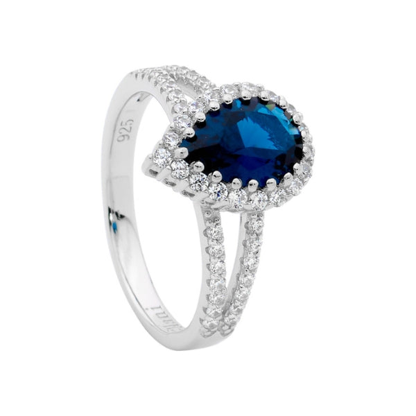 Pear shaped london blue topaz and CZ ring in sterling silver