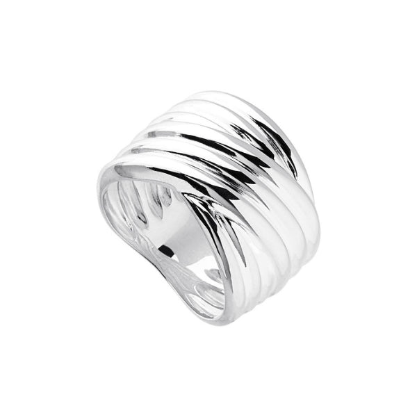 Wide ridged crossover band ring in sterling silver