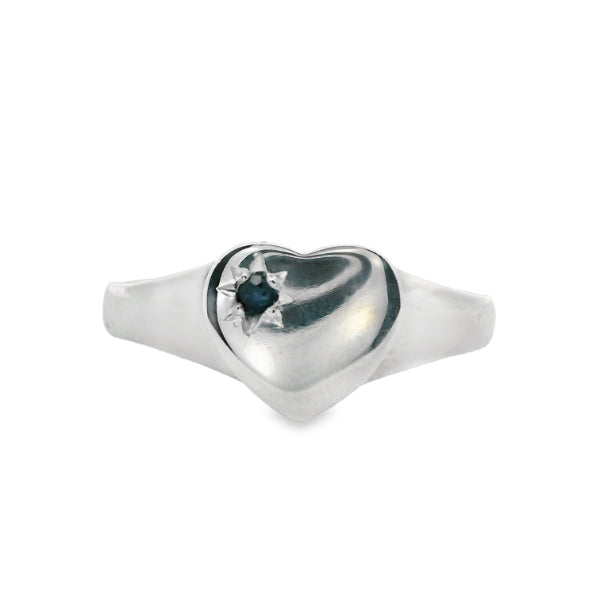 Silver heart signet ring with sapphire