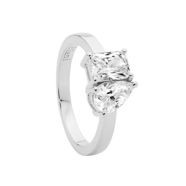 Ellani emerald & pear cut white cz silver ring