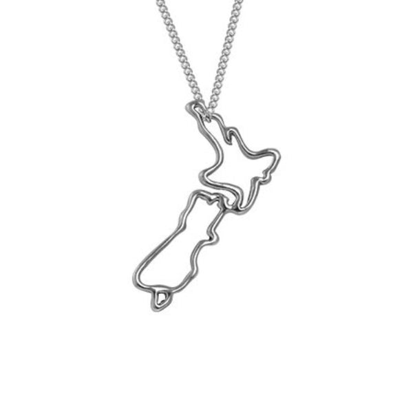 Evolve map of NZ necklace in sterling silver with curb chain - 55cm