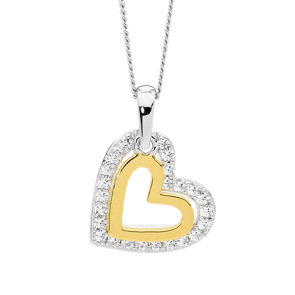 Ellani double heart pendant in sterling silver and gold tone on 45cm chain
