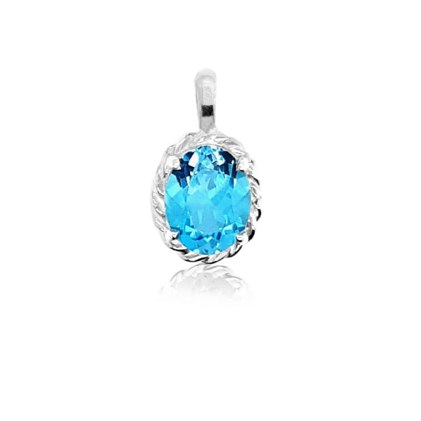 Oval blue topaz rope edged pendant in sterling silver