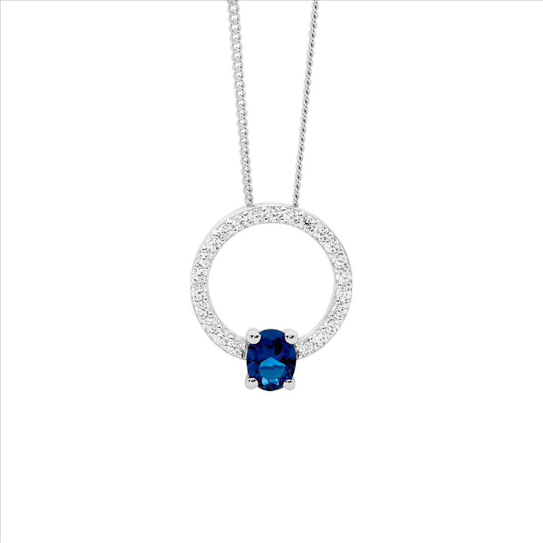 Ellani blue and white cz open circle necklace in sterling silver with curb chain - 45cm