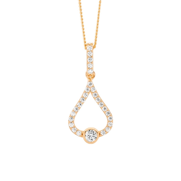 Ellani cz teardrop necklace in rose gold plate over sterling silver with curb chain - 45cm
