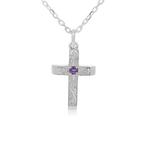 Cross pendant with amethyst in sterling silver with cable chain - 45cm