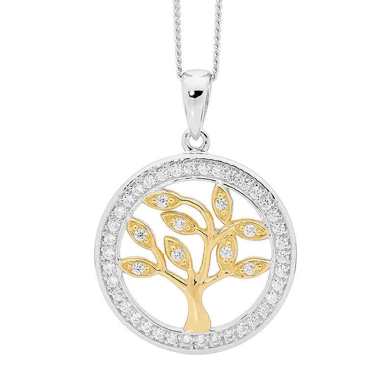Ellani tree of life cz necklace in gold plate and sterling silver with curb chain - 45cm