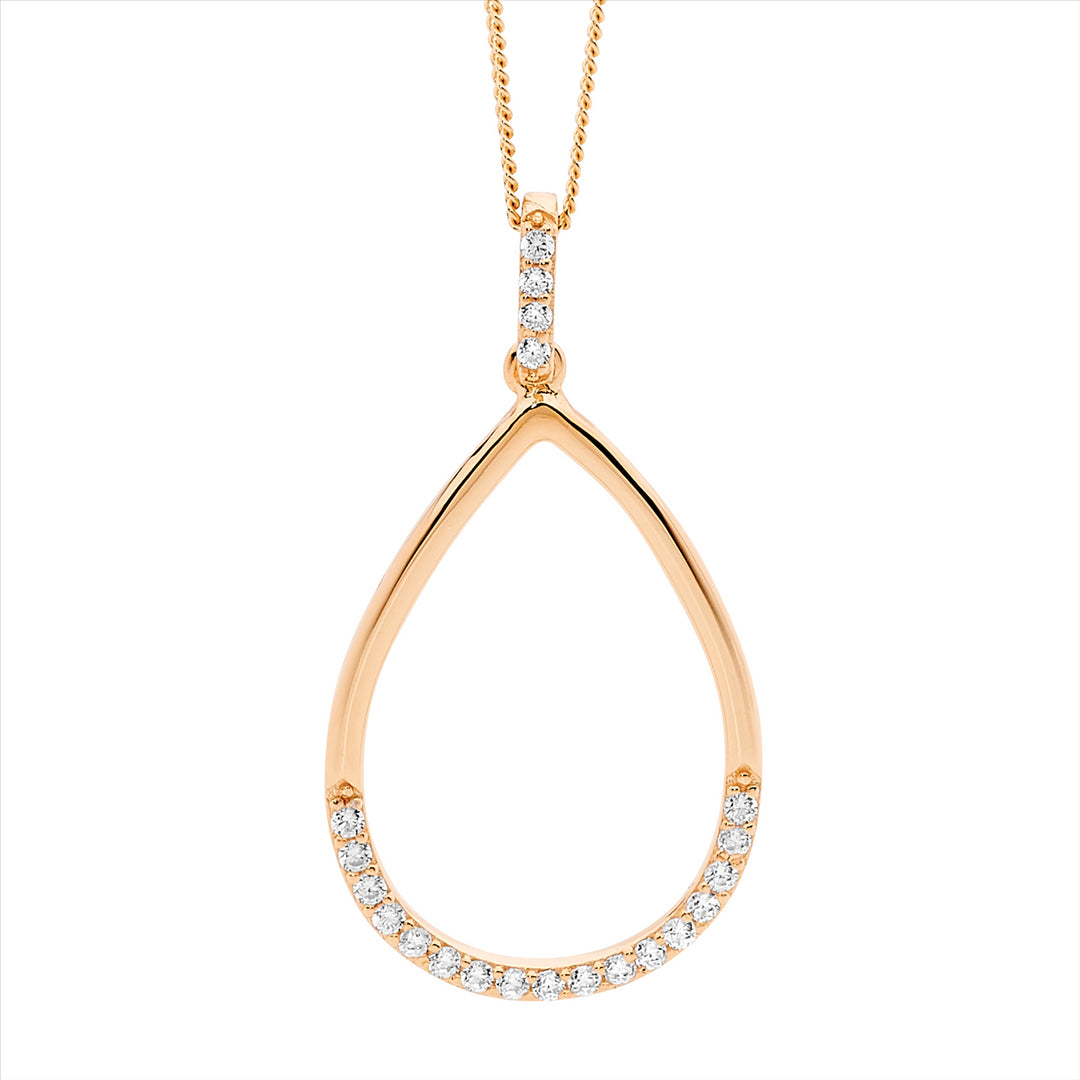 Ellani cz open teardrop pendant in rose gold plated sterling silver with curb chain - 45cm
