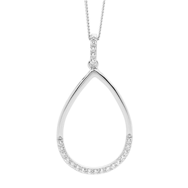 Ellani cz open teardrop necklace in sterling silver with curb chain - 45cm