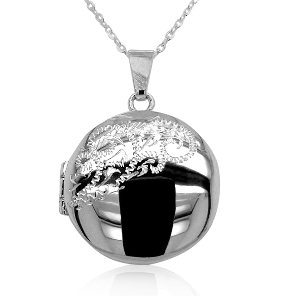 Engraved round locket in sterling silver with fine belcher chain - 45cm
