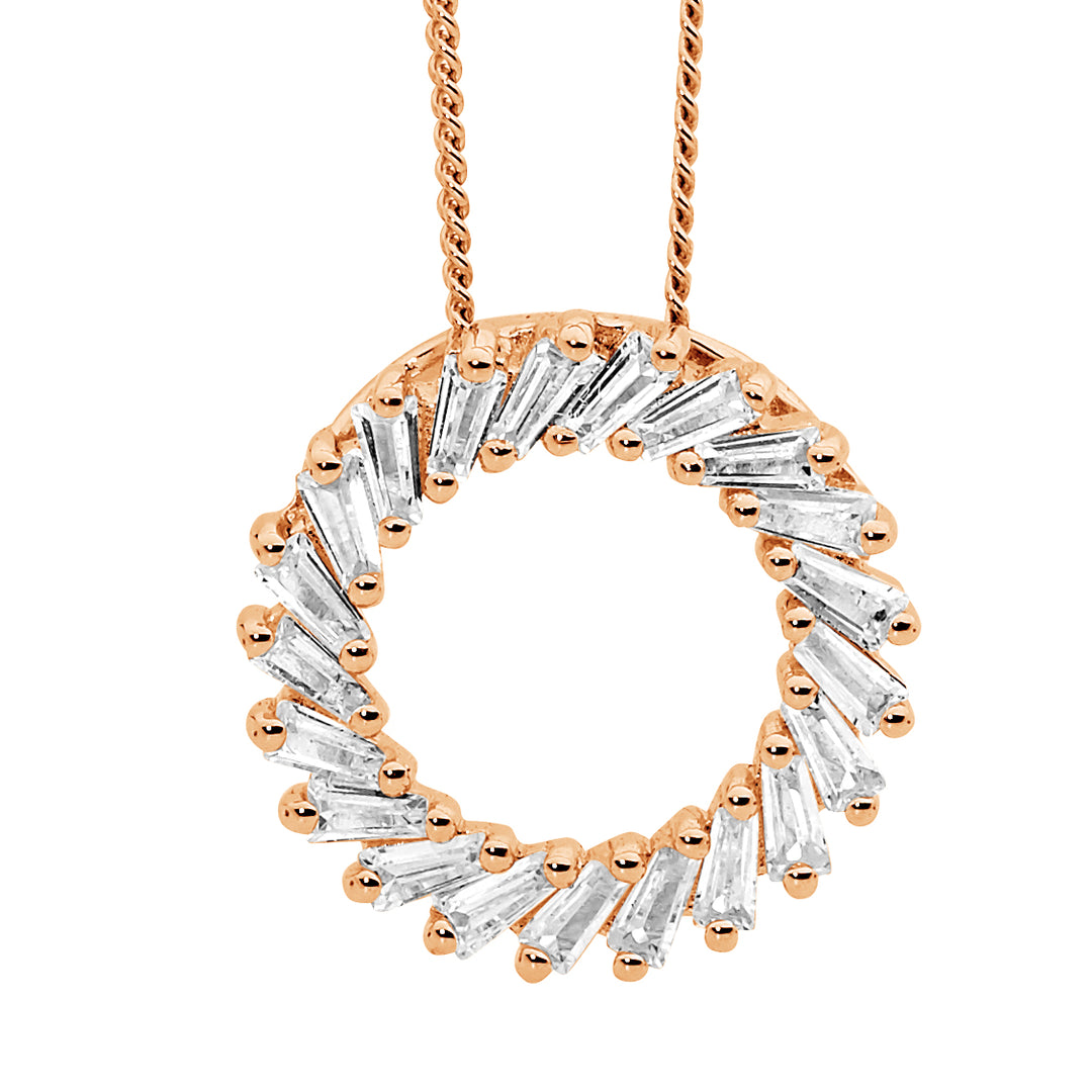 Ellani baguette circle pendant in rose tone over sterling silver with curb chain - 45cm