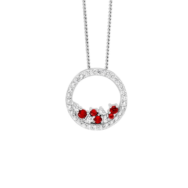 Ellani silver cubic zirconia circle with scattered red & white cubic zirconia on 44cm curb chain