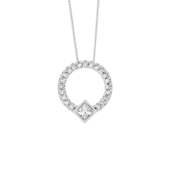 CZ circle necklace in sterling silver with curb chain - 45cm