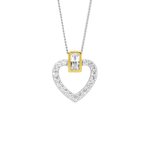 Ellani cz open heart necklace in in gold plate and sterling silver with curb chain - 45cm