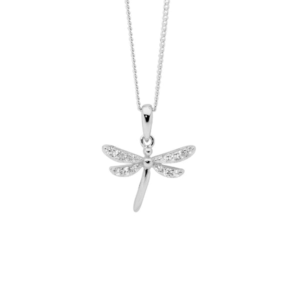 Ellani dragonfly cz pendant on curb chain in sterling silver - 45cm