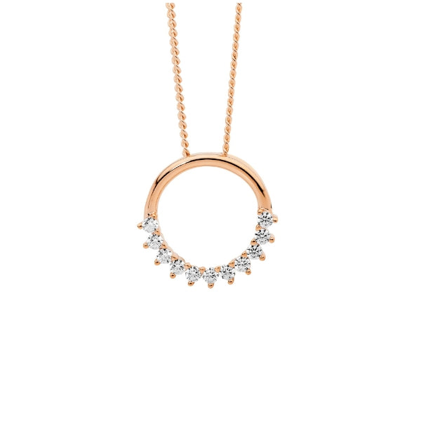 Ellani open circle pendant half set with cz's in rose gold plated sterling silver on curb chain - 45cm