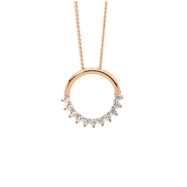 Open circle pendant half set with CZs in rose gold plated sterling silver on curb chain - 45cm