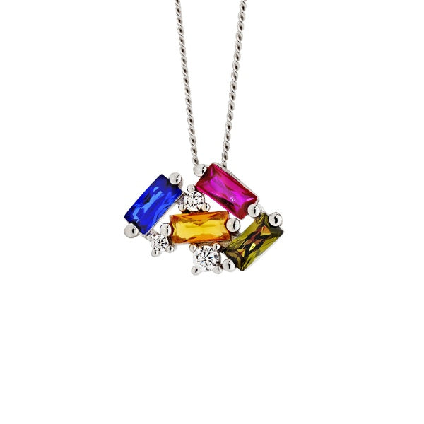 Ellani silver round and baguette mutli coloured cz pendant with curb chain - 45cm