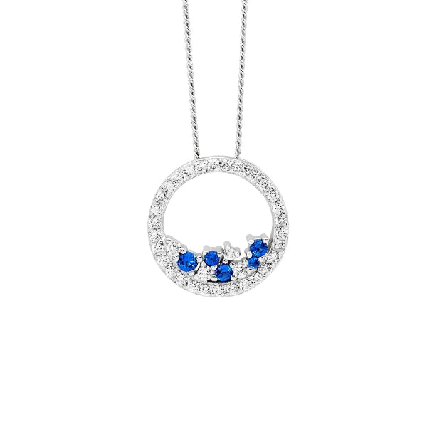 Ellani silver cubic zirconia circle with scattered blue & white cubic zirconia on 44cm curb chain