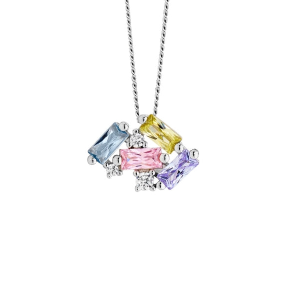 Ellani sterling silver staggered round & baguette pastel cubic zirconia on 44cm curb chain