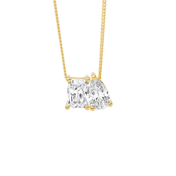 Ellani emerald cut & pear white cubic zirconia necklace in gold plated silver