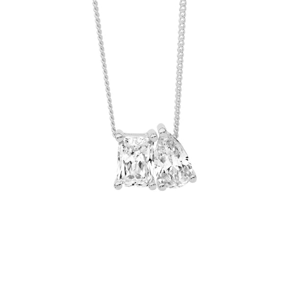 Ellani emerald cut & pear white cubic zirconia necklace in silver