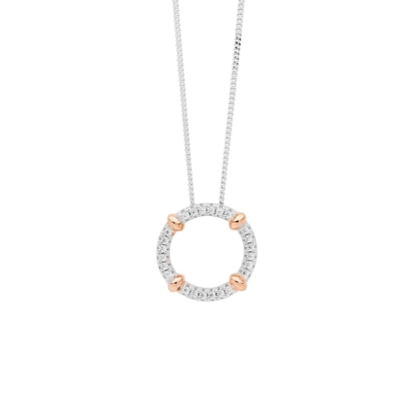 Ellani cz circle pendant in sterling silver and rose gold on curb chain - 45cm
