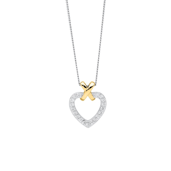 Ellani cz heart pendant in sterling silver and gold plate on diamond cut curb chain - 44cm