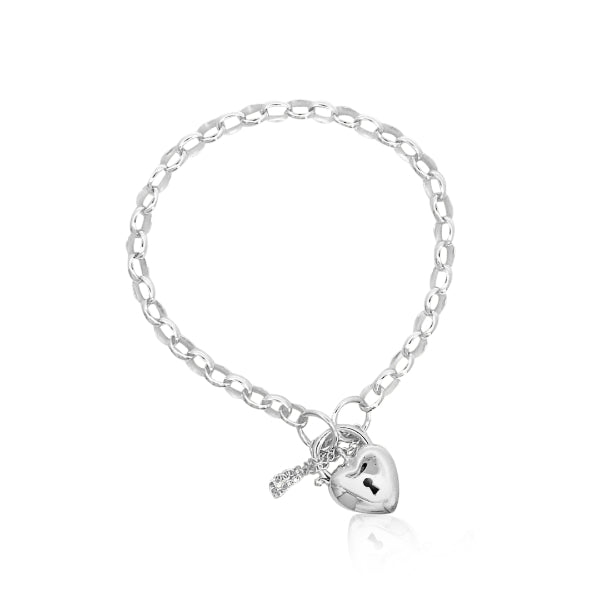 Silver medium oval belcher bracelet with puff heart clasp - 19cm