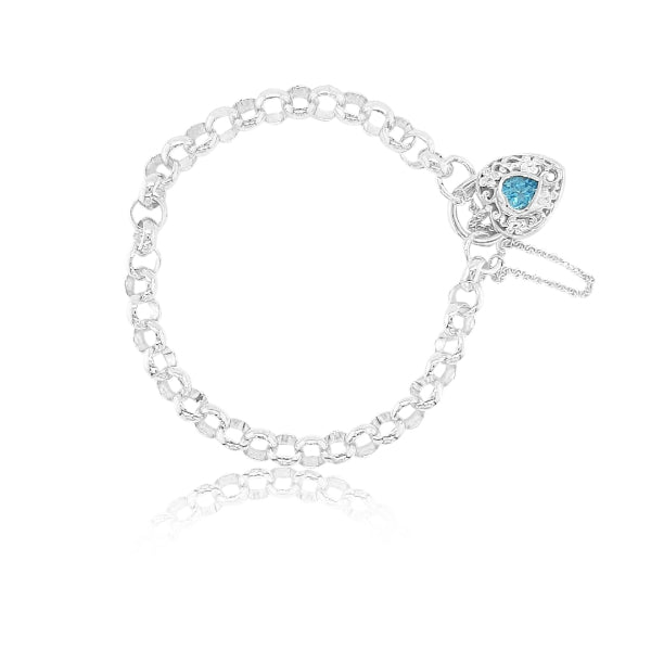 Heavy round belcher bracelet with blue topaz set filigree heart clasp in silver - 17cm