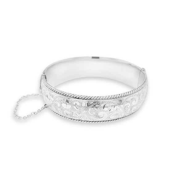 Engraved hinged bangle with safety chain in sterling silver - 18mm wide