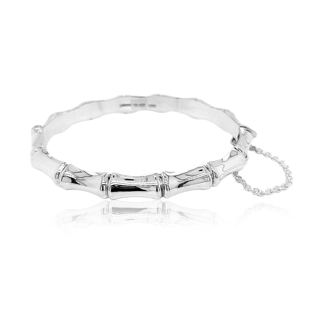 Silver hinged Bamboo bangle with safety chain - 12mm wide